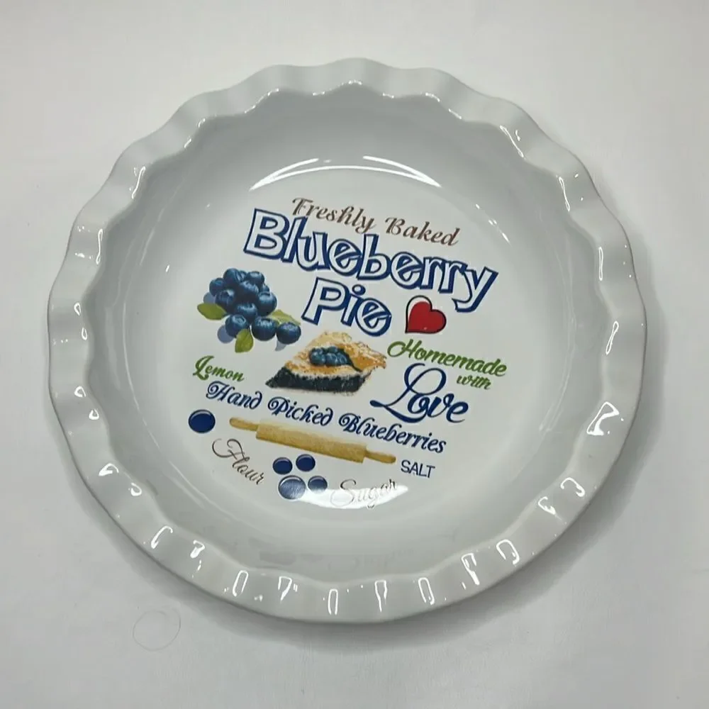 Blueberry Pie Plate 9 3/4 Inch Round Fluted Rim White Blue Homemade Sugar Love